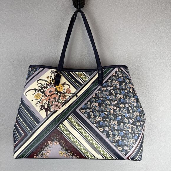 Tory Burch Kerrington Square Tote Shopper Bag Purse Navy Floral Patchwork Laptop - Picture 1 of 11